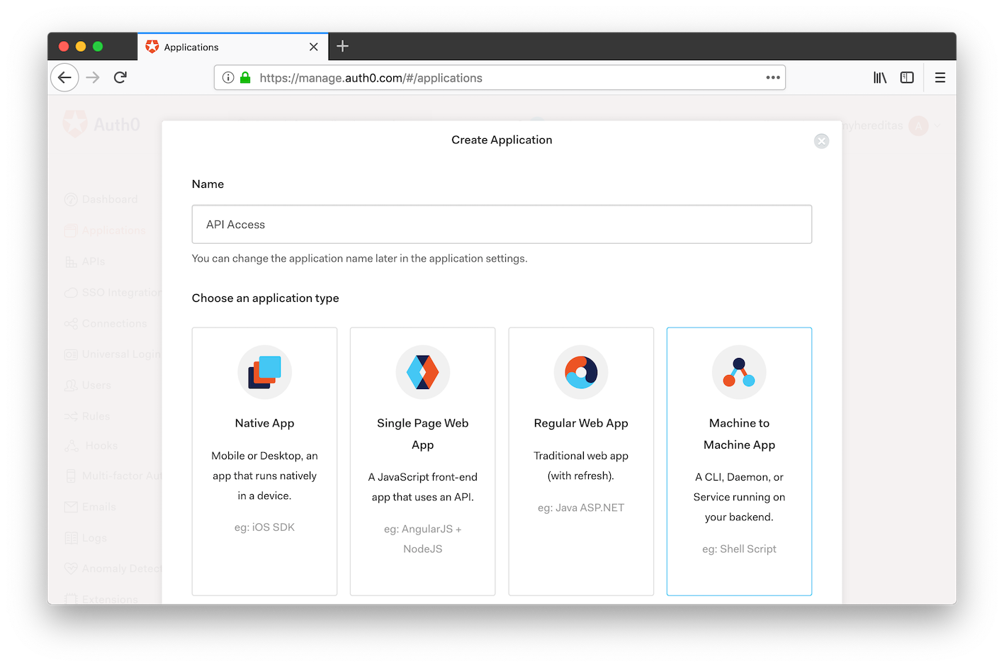 Auth0 management portal: create a new Machine to Machine application