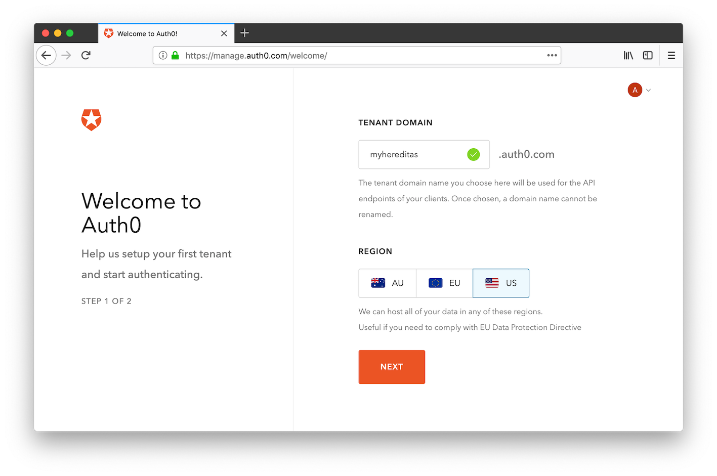 Auth0 management portal: new domain creation