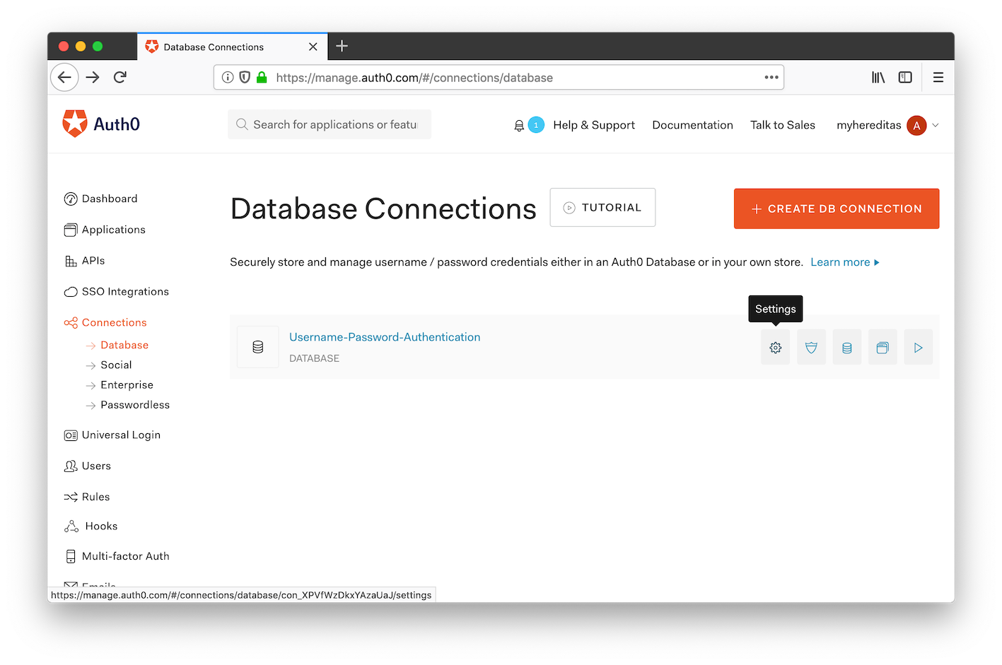 Auth0 management portal: database