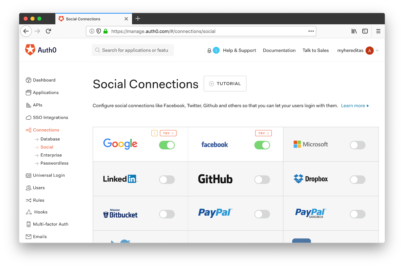 Auth0 management portal: social logins